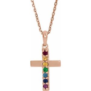 14K Rose Gold Natural Multi-Gemstone Cross 16-18" Necklace