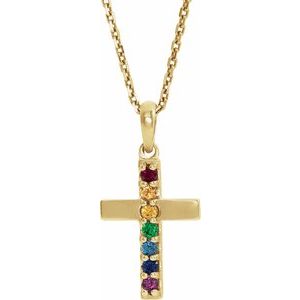 14K Yellow Gold Natural Multi-Gemstone Cross 16-18" Necklace