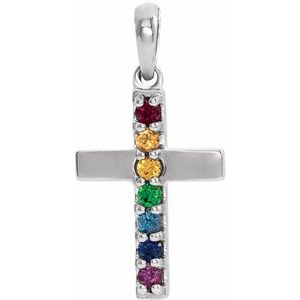 14K White Gold Natural Multi-Gemstone Cross Pendant