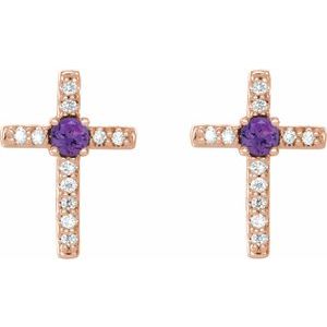 14K Rose Gold Natural Amethyst & .05 CTW Natural Diamond Cross Earrings