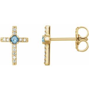 14K Yellow Gold Natural Aquamarine & .05 CTW Natural Diamond Cross Earrings