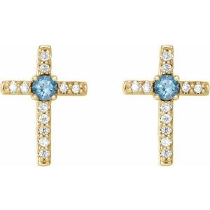 14K Yellow Gold Natural Aquamarine & .05 CTW Natural Diamond Cross Earrings