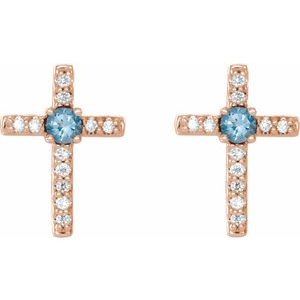 14K Rose Gold Natural Aquamarine & .05 CTW Natural Diamond Cross Earrings