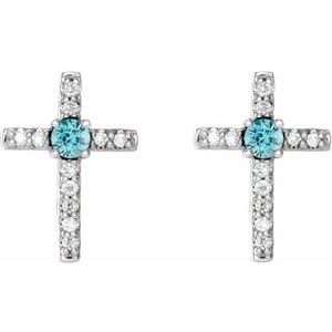 14K White Gold Natural Blue Zircon & .05 CTW Natural Diamond Cross Earrings