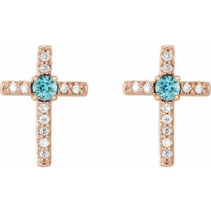 14K Rose Gold Natural Blue Zircon & .05 CTW Natural Diamond Cross Earrings