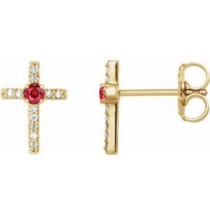 14K Yellow Gold Lab-Grown Ruby & .05 CTW Natural Diamond Cross Earrings