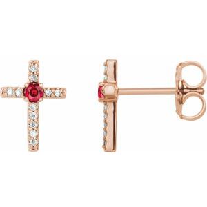 14K Rose Gold Natural Ruby & .05 CTW Natural Diamond Cross Earrings