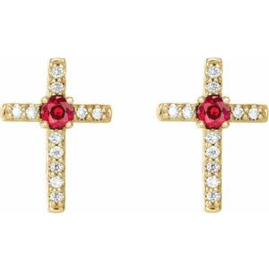 14K Yellow Gold Natural Ruby & .05 CTW Natural Diamond Cross Earrings