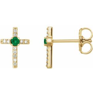 14K Yellow Gold Natural Emerald & .05 CTW Natural Diamond Cross Earrings