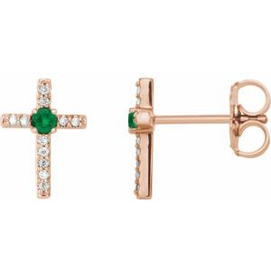 14K Rose Gold Lab-Grown Emerald & .05 CTW Natural Diamond Cross Earrings