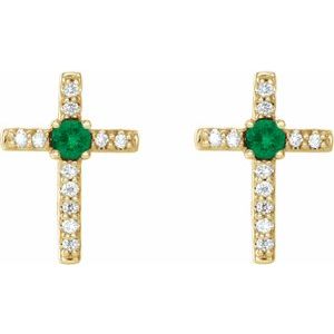 14K Yellow Gold Natural Emerald & .05 CTW Natural Diamond Cross Earrings