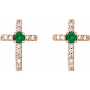 14K Rose Gold Natural Emerald & .05 CTW Natural Diamond Cross Earrings