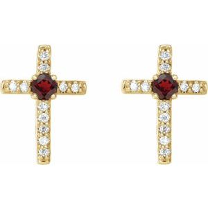 14K Yellow Gold Natural Mozambique Garnet & .05 CTW Natural Diamond Cross Earrings