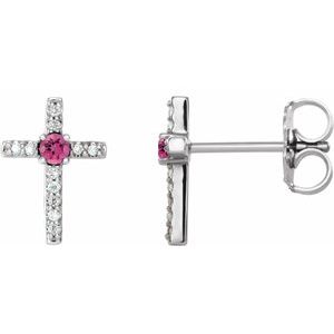 14K White Gold Natural Pink Tourmaline & .05 CTW Natural Diamond Cross Earrings
