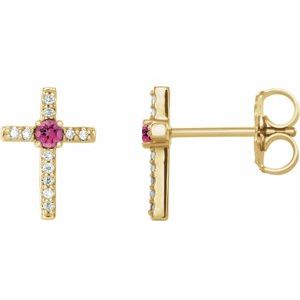 14K Yellow Gold Natural Pink Tourmaline & .05 CTW Natural Diamond Cross Earrings