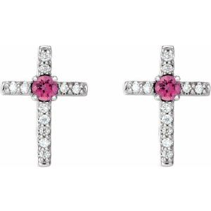 14K White Gold Natural Pink Tourmaline & .05 CTW Natural Diamond Cross Earrings
