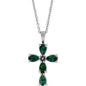 Sterling Silver Lab-Grown Mosaic Opal Cabochon Cross 16-18" Necklace