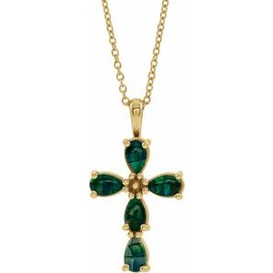 14K Yellow Gold Lab-Grown Mosaic Opal Cabochon Cross 16-18" Necklace