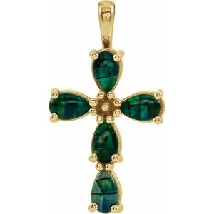 14K Yellow Gold Lab-Grown Mosaic Opal Cabochon Cross Pendant