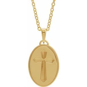 14K Yellow Gold  Oval Cross Medal 20" Necklace