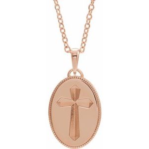 14K Rose Gold  Oval Cross Medal 20" Necklace