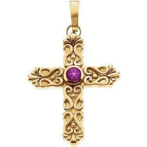 14K Yellow Gold Natural Ruby Star Cross Pendant