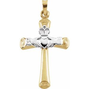 14K Yellow/White Gold 27x19.5 mm Hollow Claddagh Cross Pendant