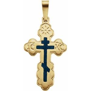 14K Yellow Gold 19x13 mm Blue Enamel Orthodox Cross Pendant