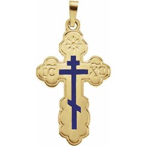 14K Yellow Gold 26x17 mm Blue Enamel Orthodox Cross Pendant
