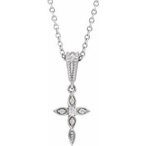 14K White Gold .03 CTW Natural Diamond Petite Vintage-Inspired 16-18" Cross Necklace