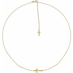 14K Yellow Gold .01 CT Natural Diamond Sideways Cross Necklace