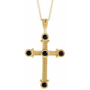 14K Yellow Gold Natural Black Onyx Cross 16-18" Necklace