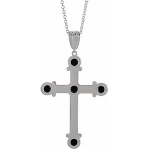 Platinum Natural Black Onyx Cross 16-18" Necklace