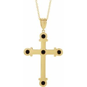 14K Yellow Gold Natural Black Onyx Cross 16-18" Necklace
