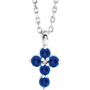 14K White Gold Natural Blue Sapphire Cross 16-18" Necklace