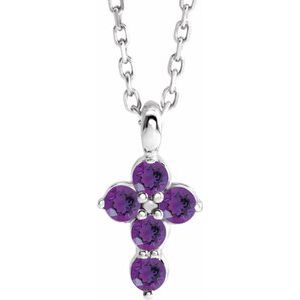 Platinum Natural Amethyst Cross 16-18" Necklace