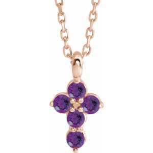 14K Rose Gold Natural Amethyst Cross 16-18" Necklace
