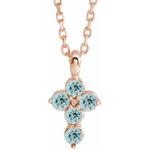 14K Rose Gold Natural Aquamarine Cross 16-18" Necklace
