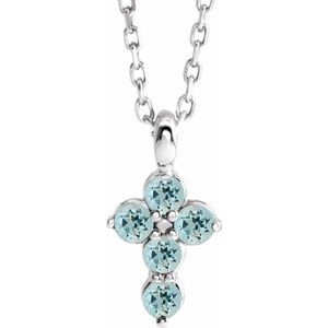 Sterling Silver Natural Aquamarine Cross 16-18" Necklace