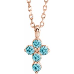 14K Rose Gold Natural Blue Zircon Cross 16-18" Necklace