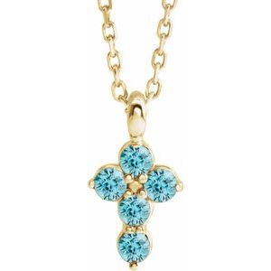 14K Yellow Gold Natural Blue Zircon Cross 16-18" Necklace