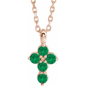 14K Rose Gold Natural Emerald Cross 16-18" Necklace