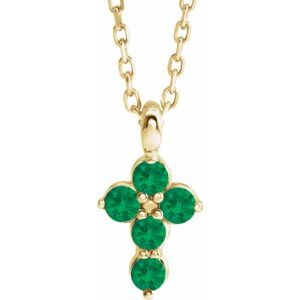 14K Yellow Gold Natural Emerald Cross 16-18" Necklace