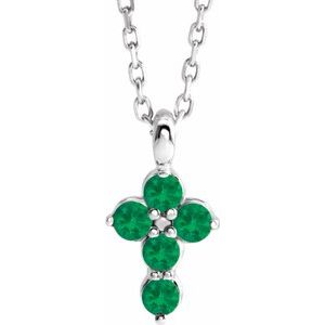 Sterling Silver Natural Emerald Cross 16-18" Necklace