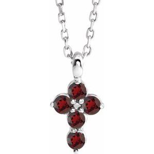 Sterling Silver Natural Mozambique Garnet Cross 16-18" Necklace