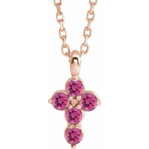 14K Rose Gold Natural Pink Tourmaline Cross 16-18" Necklace