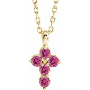14K Yellow Gold Natural Pink Tourmaline Cross 16-18" Necklace