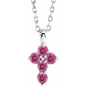 Sterling Silver Natural Pink Tourmaline Cross 16-18" Necklace