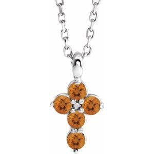 14K White Gold Natural Citrine Cross 16-18" Necklace