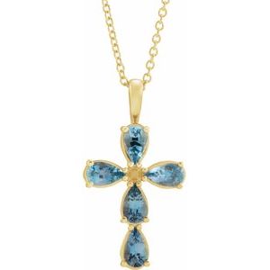 14K Yellow Gold Natural Aquamarine Cross 16-18" Necklace